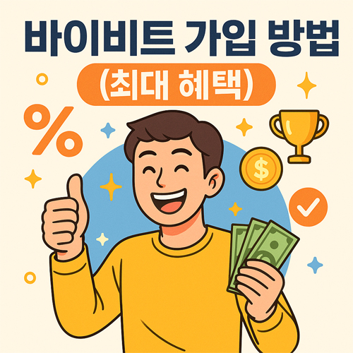 돈을 들고 환하게 웃으며 엄지를 치켜든 남성이 등장하는 일러스트. 주변에는 % 기호, 달러 아이콘, 트로피, 체크 표시 등이 배치되어 있으며, 상단에는 '바이비트 가입 방법', 하단에는 '(최대 혜택)'이라는 문구가 크게 적혀 있음