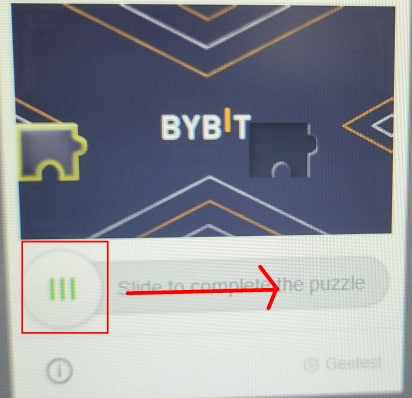  바이비트 가입 시 나타나는 퍼즐 보안 인증 슬라이드 화면