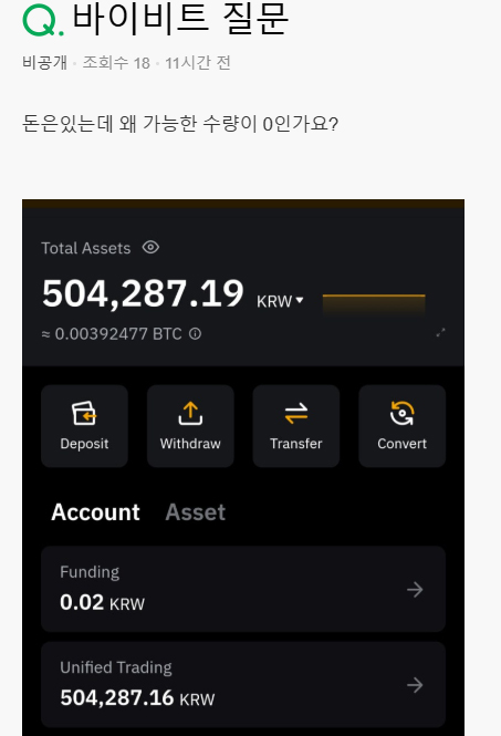 바이비트 돈은 있는데 이용 가능 수량 0원