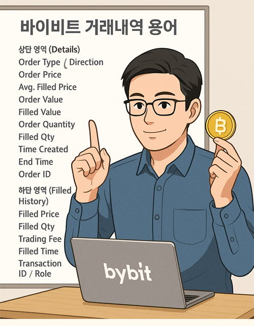 바이비트 거래내역 용어 설명|Order ID부터 Trading Fee까지 한번에 4 노트북 앞에서 바이비트 거래내역 용어를 공부하며 투자 전략을 세우는 암호화폐 투자자의 디지털 일러스트