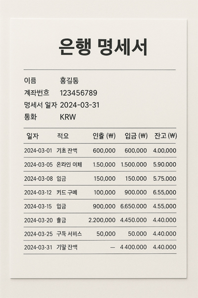 한국어로 된 은행 명세서 이미지, 입출금 내역과 잔고 포함된 표 형식