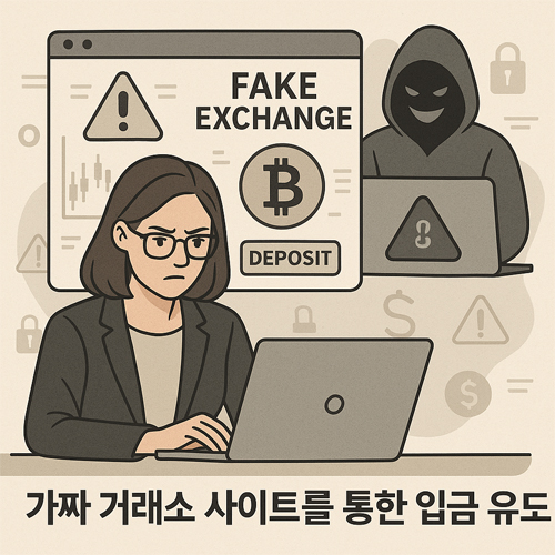 비트코인 사기 예방 필독! 실제 사례와 피해야 할 투자 유형 총정리 3 가짜 거래소 사이트를 통한 입금 유도 사기 상황을 묘사한 디지털 일러스트