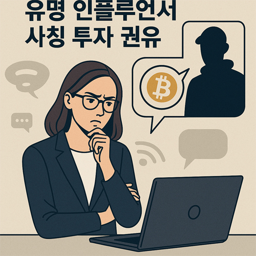 비트코인 사기 예방 필독! 실제 사례와 피해야 할 투자 유형 총정리 4 유명 인플루언서를 사칭해 비트코인 투자 권유를 하는 사기 수법을 표현한 디지털 일러스