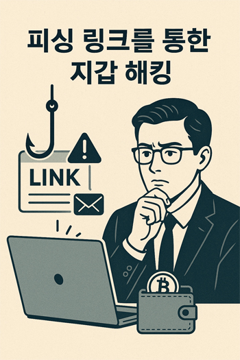 비트코인 사기 예방 필독! 실제 사례와 피해야 할 투자 유형 총정리 5 피싱 링크를 클릭해 암호화폐 지갑을 해킹당하는 비트코인 사기 위험을 경고하는 디지털 일러스트