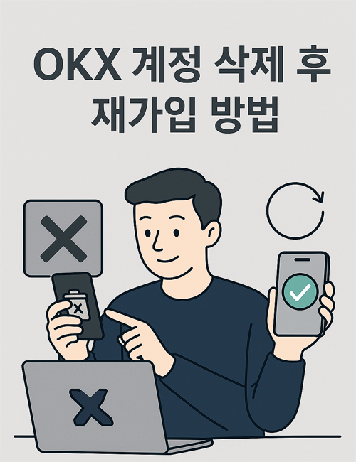 OKX 재가입 가능할까? 계정 삭제 후 재가입 방법과 주의사항 총정리! 5 OKX 계정을 삭제한 후 새로 재가입하는 과정을 나타낸 일러스트, 스마트폰 두 개를 들고 있는 남성