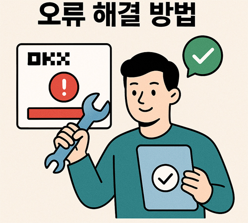OKX 재가입 가능할까? 계정 삭제 후 재가입 방법과 주의사항 총정리! 6 OKX 재가입 오류 해결 방법을 나타내는 일러스트, 오류 메시지와 체크 아이콘 포함