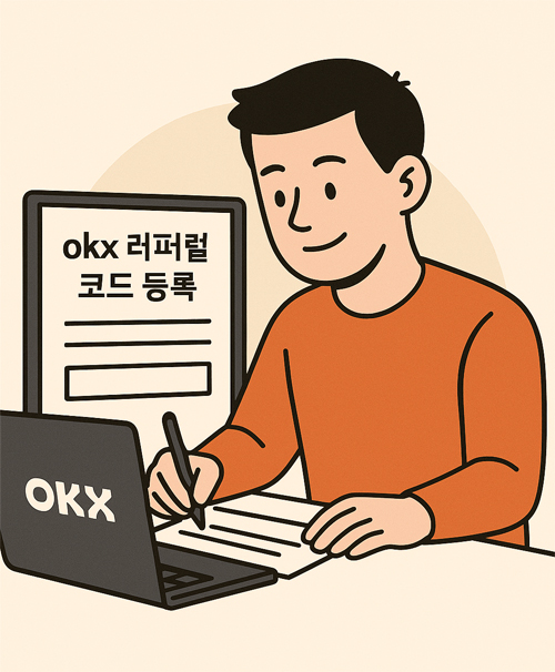 OKX 레퍼럴 코드 95624202 + 자동 페이백 링크|수수료 캐시백 3 OKX 레퍼럴 코드 등록 신청서를 컴퓨터로 작성하고 있는 남성의 2D 일러스트, 오렌지색 상의를 입고 집중한 모습