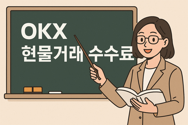 OKX 현물 거래 수수료 정리|테이커·메이커 수수료율, 할인 방법까지 2 칠판에 'OKX 현물거래 수수료'를 설명하는 여성 선생님 일러스트