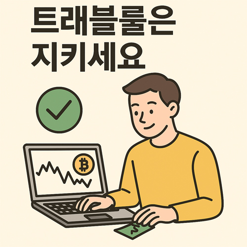 노란색 옷을 입은 남성 투자자가 노트북으로 가상자산 거래를 하며, "트래블룰은 지키세요"라는 문구와 체크 표시가 함께 있는 일러스트