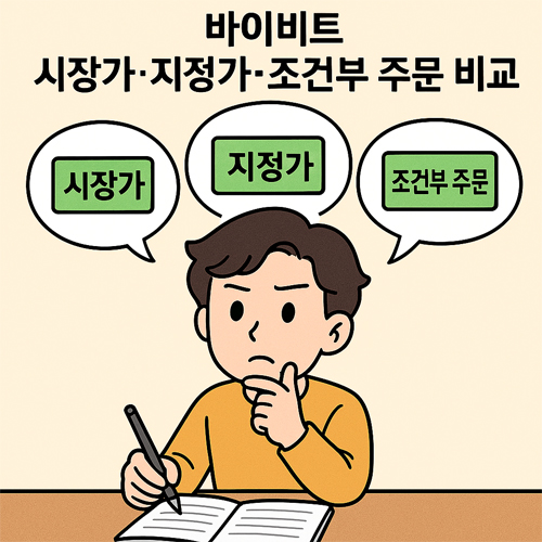 노란 셔츠를 입은 투자자가 책상 위에서 펜을 들고 고민하며, 머리 위 말풍선 속에 ‘시장가’, ‘지정가’, ‘조건부 주문’이 적혀 있는 만화 스타일 그림