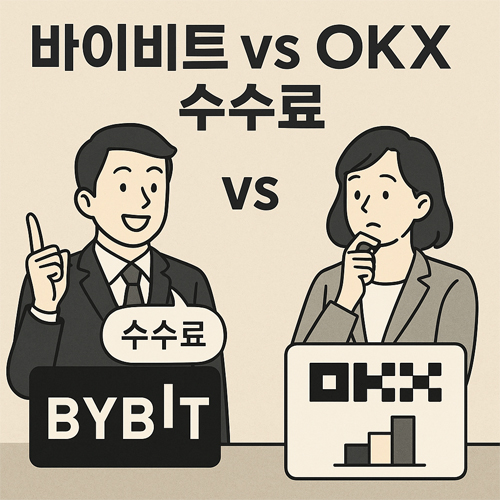 바이비트와 OKX 거래소의 수수료 차이를 비교 설명하는 남성과 여성 캐릭터의 일러스트, 양쪽에 각각 로고와 그래프가 배치된 구성