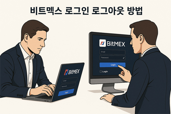 비트멕스 로그인 및 로그아웃 방법 완전정복 (모바일 & PC 기준) 2 비트멕스 로그인 및 로그아웃 과정을 묘사한 일러스트 – 데스크탑과 노트북에서 각각 로그인 화면이 보임
