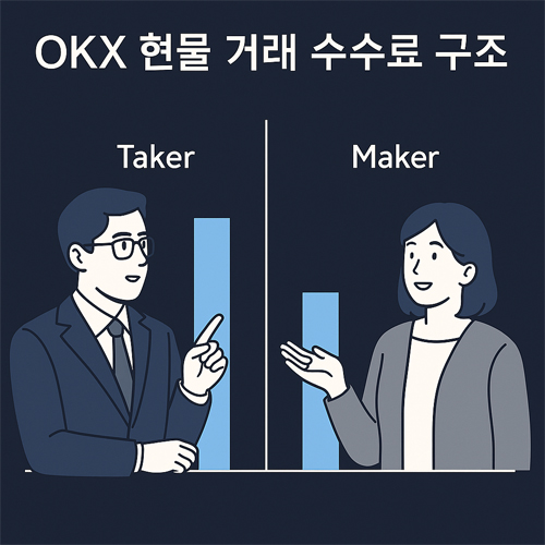 OKX 거래소에서 현물 거래 수수료 구조를 설명하는 남성과 여성 캐릭터의 일러스트, 메이커와 테이커를 비교하는 모습