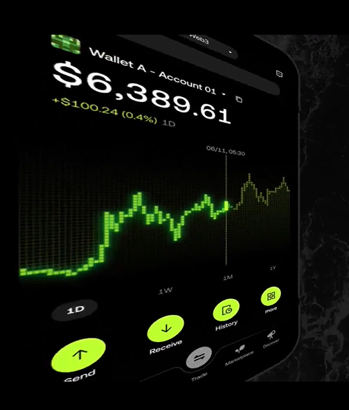 OKX 모바일 지갑 화면, 6,389.61달러 잔액과 상승 그래프가 표시된 거래소 앱 인터페이스