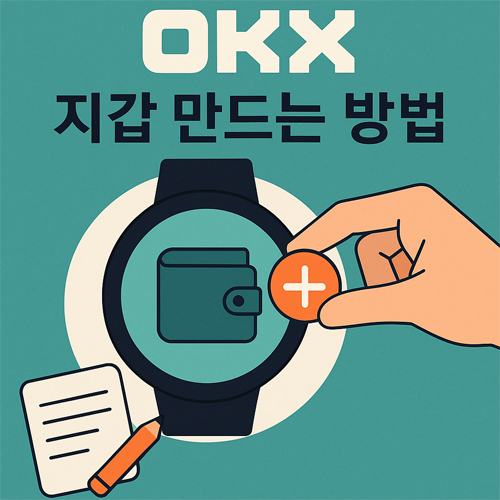 OKX 지갑 만드는 방법을 안내하는 일러스트, 지갑 아이콘과 플러스 버튼, 손과 메모지가 포함된 디자인