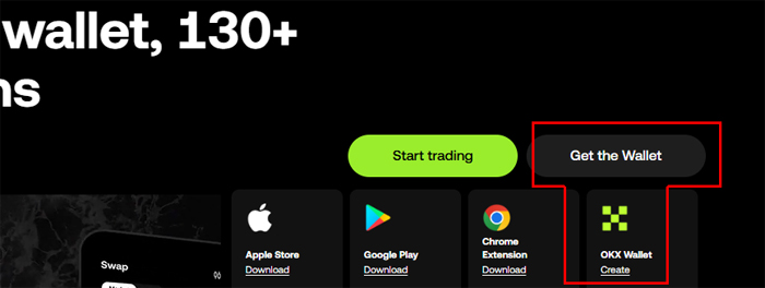 OKX 웹사이트에서 Get the Wallet 버튼을 클릭해 지갑을 생성하는 화면